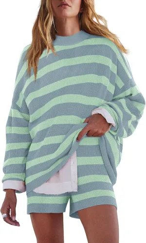 LAMISSCHE Womens Oversized Lounge Sets 2 Piece Outfits Striped Matching Pajama Set Long Sleeve Sweater Set