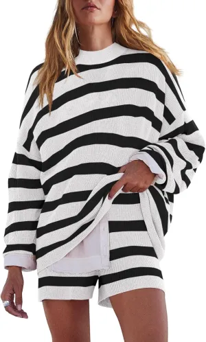 LAMISSCHE Womens Oversized Lounge Sets 2 Piece Outfits Striped Matching Pajama Set Long Sleeve Sweater Set