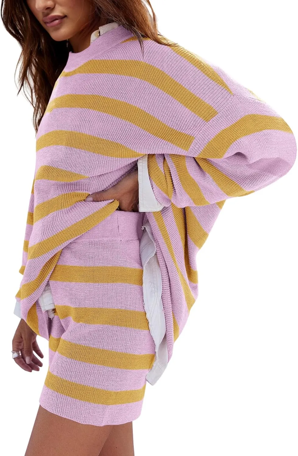 LAMISSCHE Womens Oversized Lounge Sets 2 Piece Outfits Striped Matching Pajama Set Long Sleeve Sweater Set
