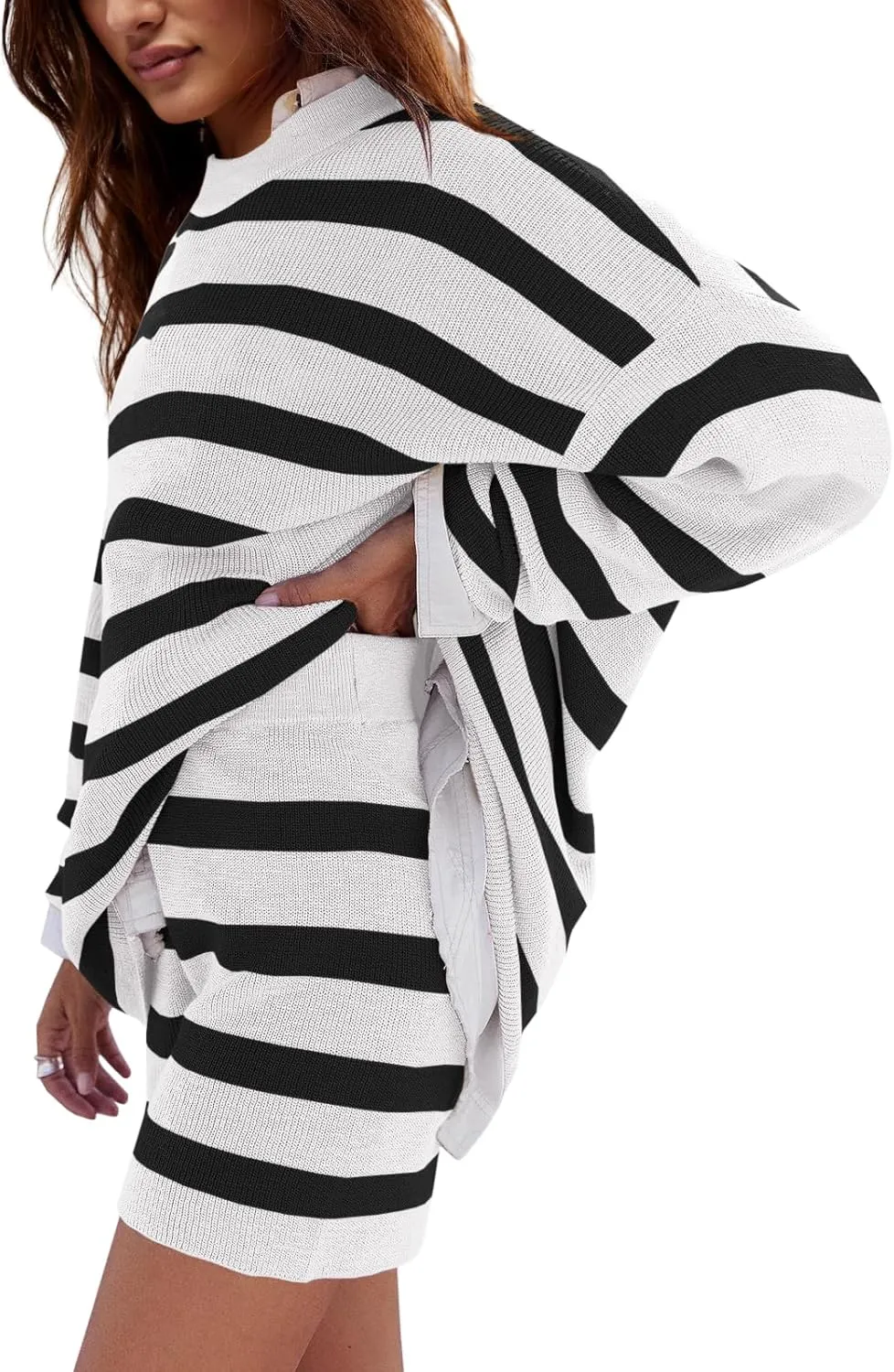 LAMISSCHE Womens Oversized Lounge Sets 2 Piece Outfits Striped Matching Pajama Set Long Sleeve Sweater Set