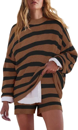 LAMISSCHE Womens Oversized Lounge Sets 2 Piece Outfits Striped Matching Pajama Set Long Sleeve Sweater Set