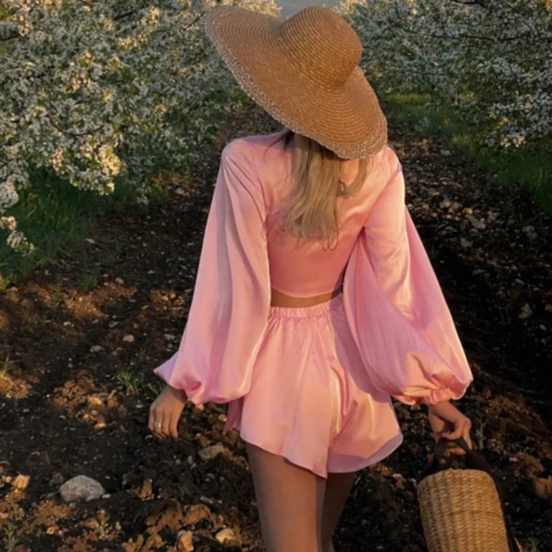 Lantern Sleeve Tie Front Crop Top And Flowy Shorts Co ord Set