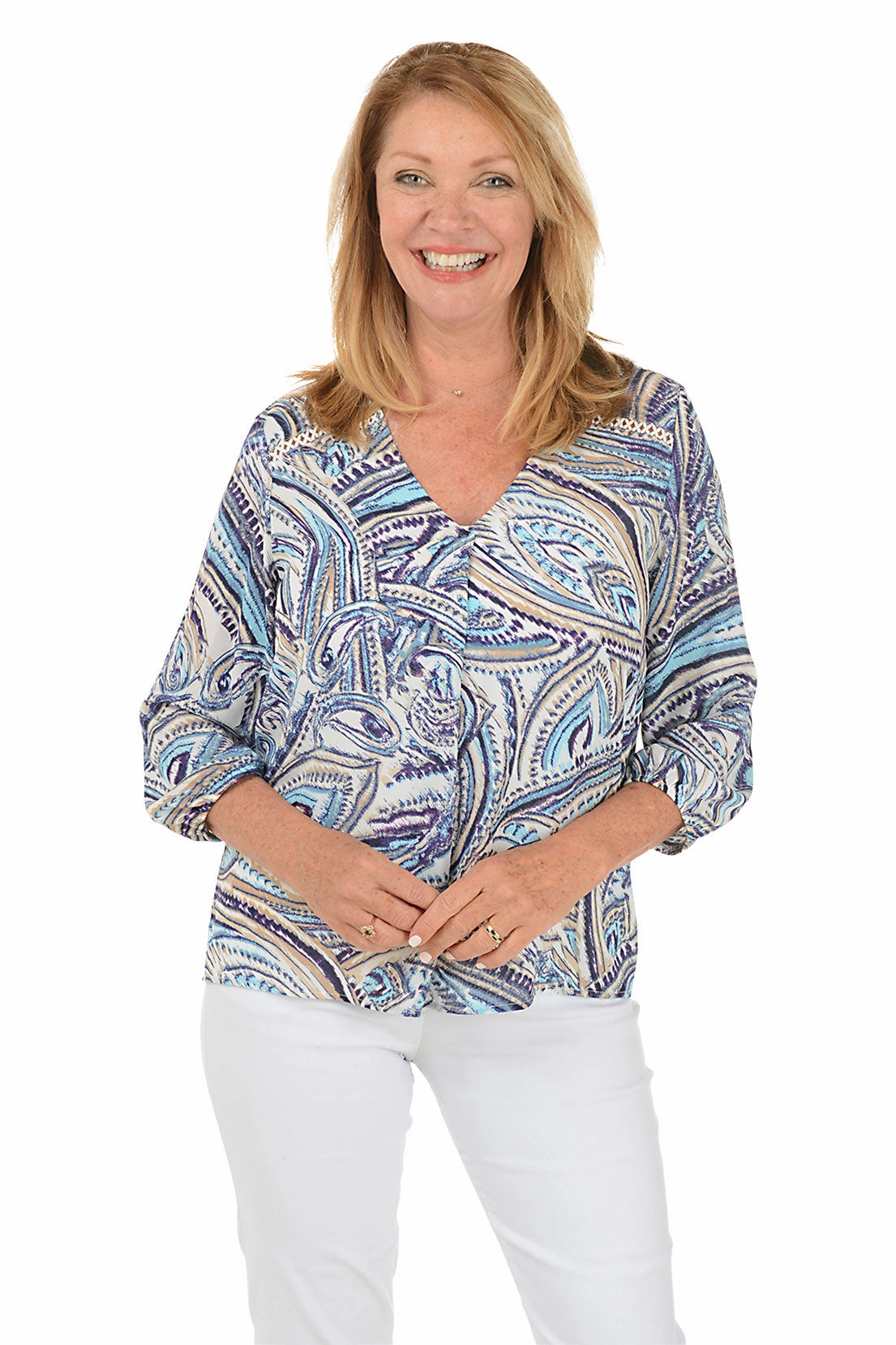 Sleeveless Tee Petite Paisley Crepe V-Neck Blouse