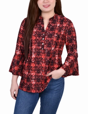Antibacterial 3/4 Bell Sleeve Pleat Front Y Neck Top