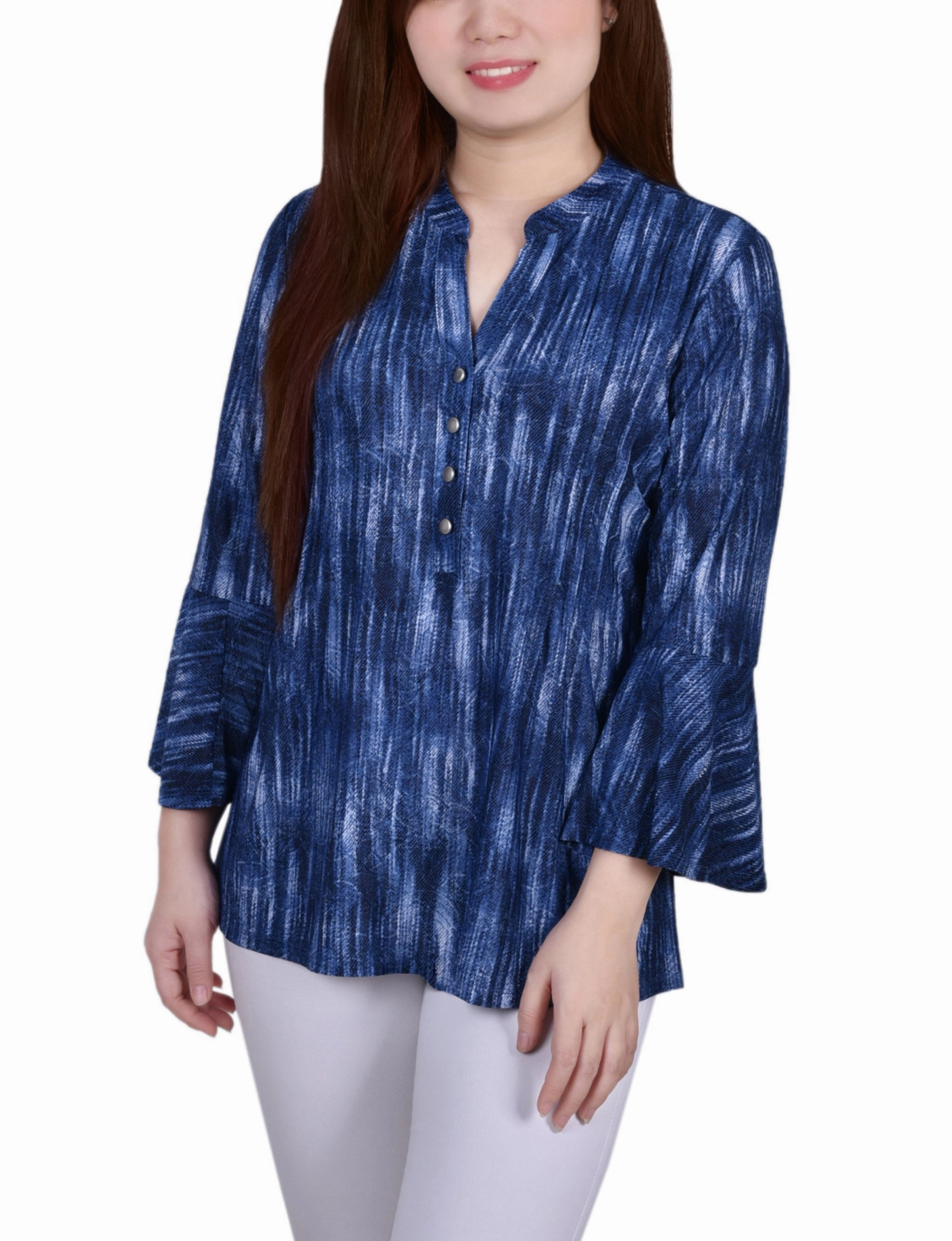 3/4 Bell Sleeve Pleat Front Y Neck Top Drop Shoulder Silhouette RibbedNeckline
