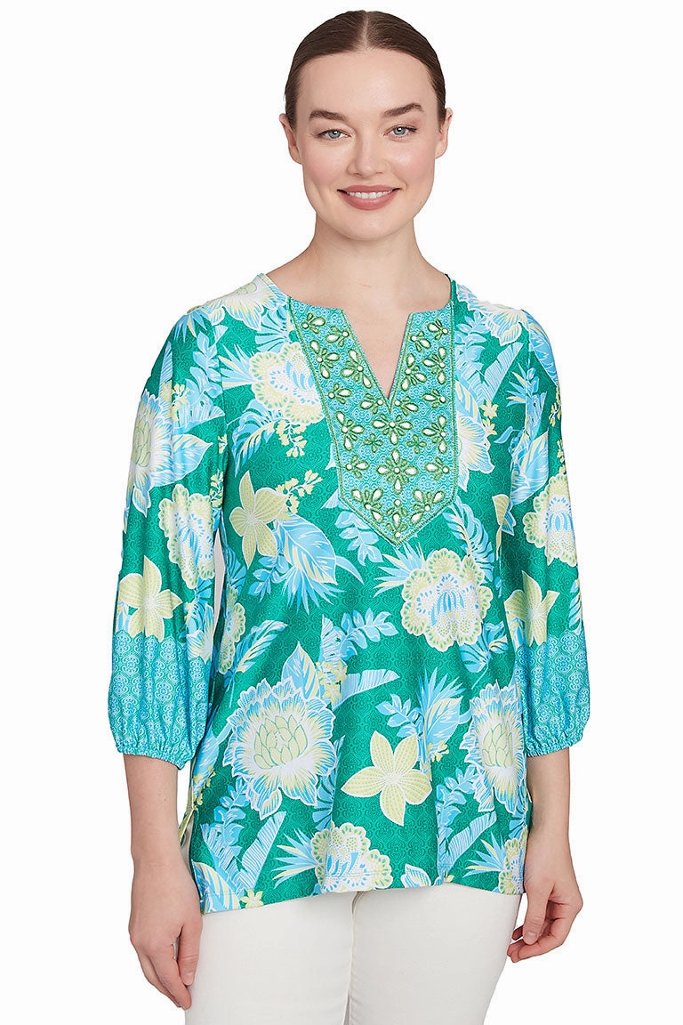 Paradise Cove Batik Floral Knit Top Snag Free Fabric Slim Fit Shirt