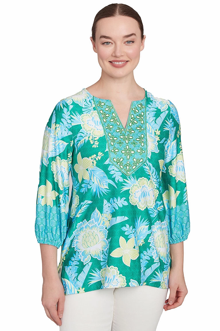 Paradise Cove Batik Floral Knit Top Printed Hoodie All-Purpose Wear