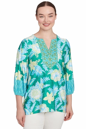 Paradise Cove Batik Floral Knit Top Snag Free Fabric Slim Fit Shirt