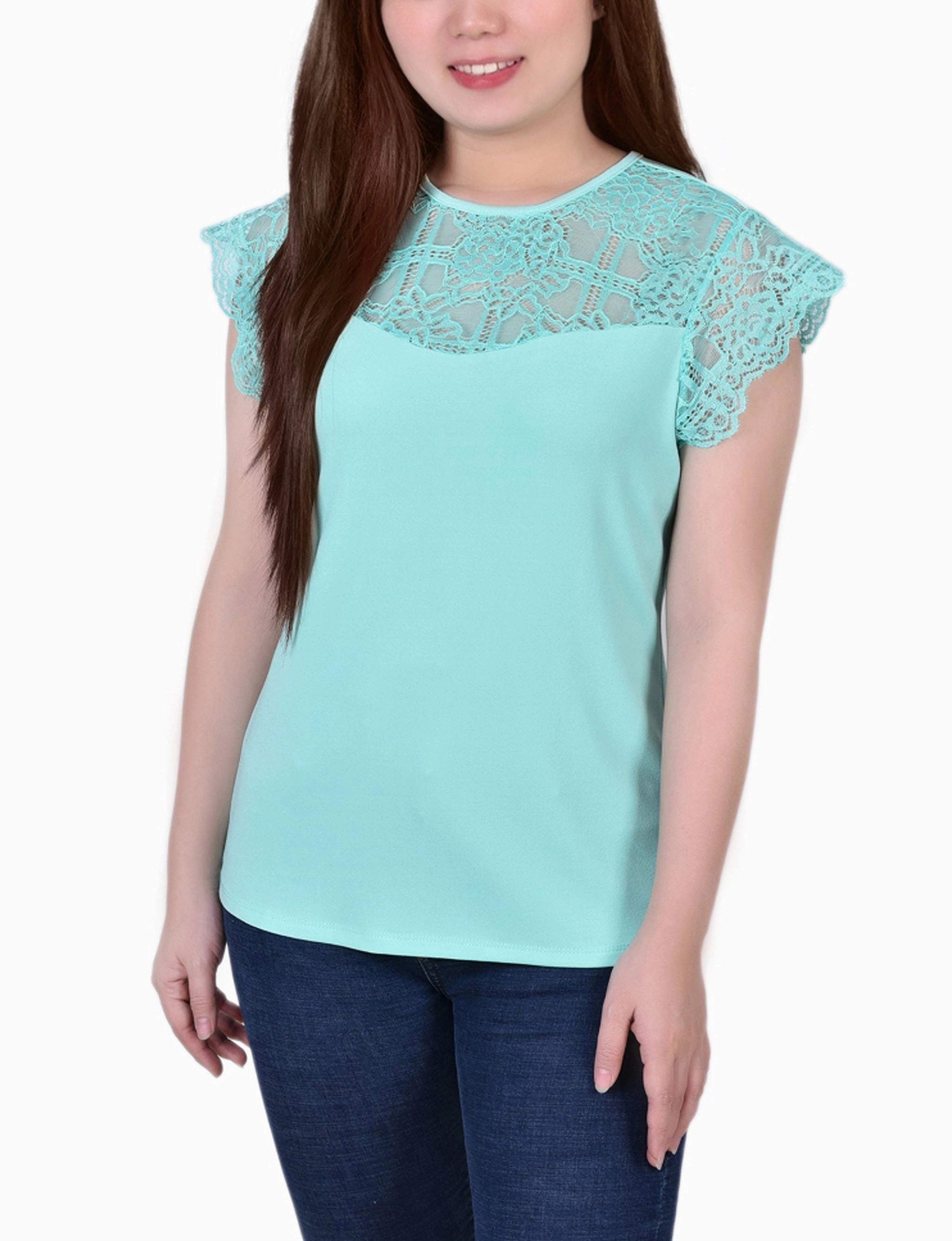 Sustainable Manufacturing Process Petite Crepe Knit Top With Lace Flanged Sleeve and Yoke