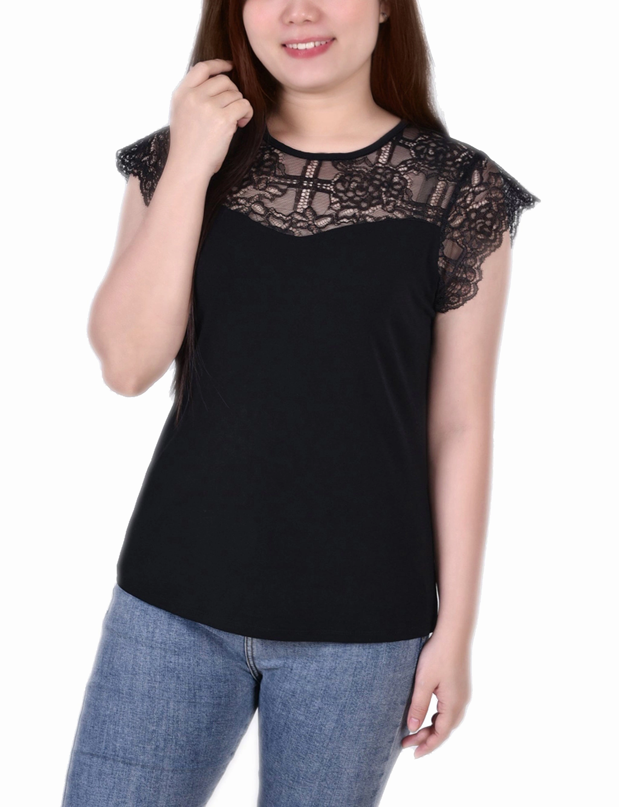 Petite Crepe Knit Top With Lace Flanged Sleeve and Yoke VentedBack