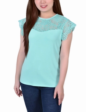 Sustainable Manufacturing Process Petite Crepe Knit Top With Lace Flanged Sleeve and Yoke