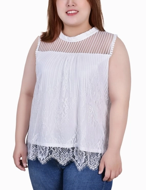 RelaxedNeckline Casual Pullover Plus Size Sleeveless Mock Neck Lace Top