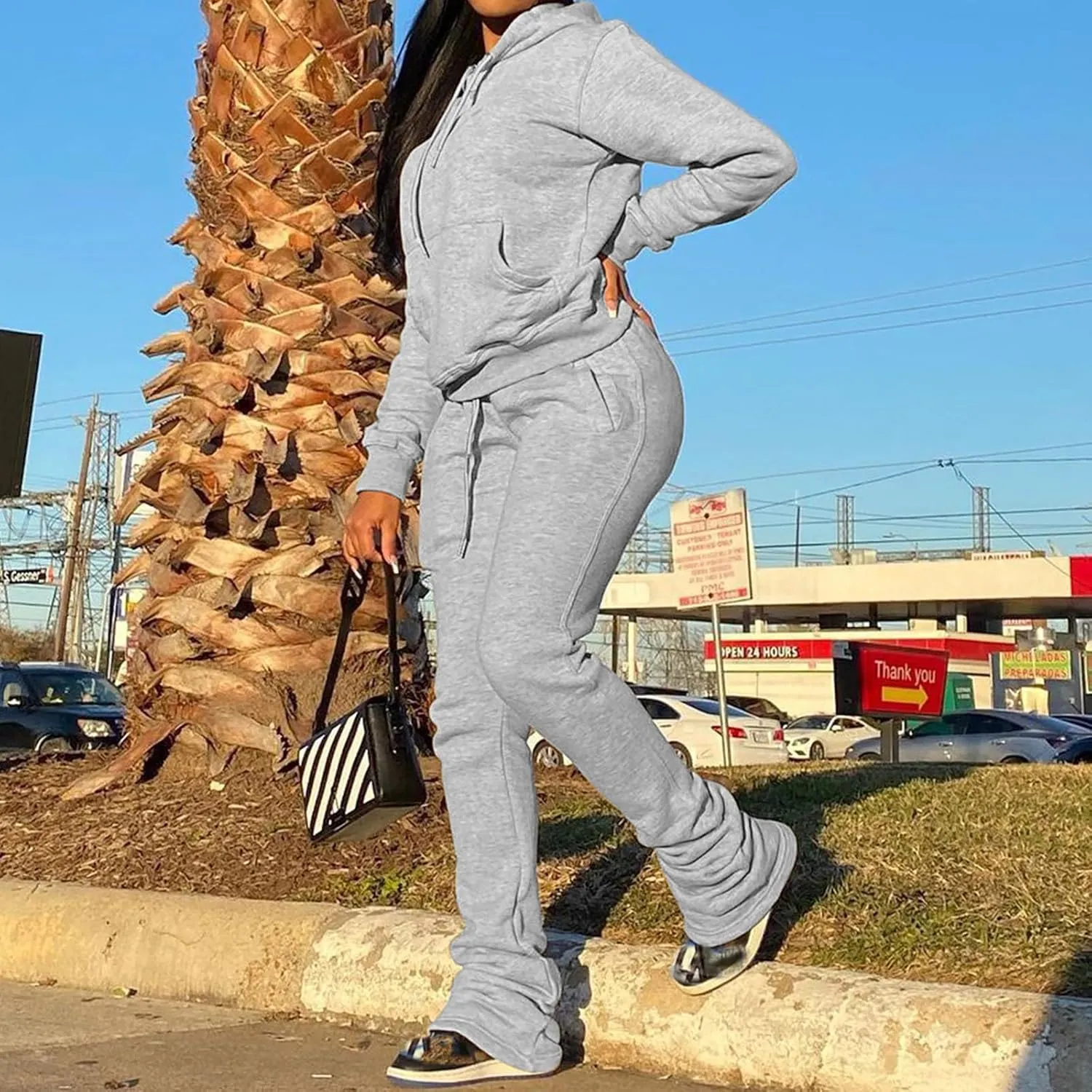 Lastesso Fall Outfits for Women 2024 Oversized Two Piece Sweatsuits Casual Long Sleeve Hoodies and Wide Leg Trousers