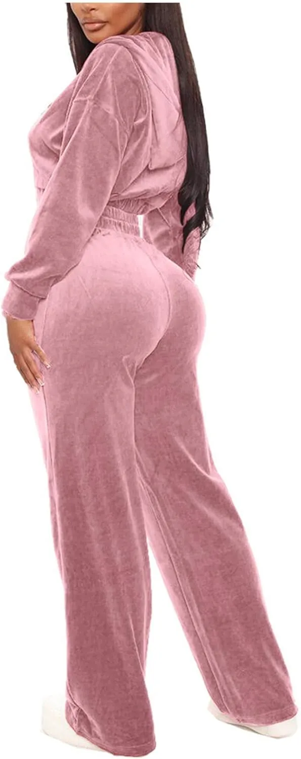 Lastesso Velour Jogging Suits for Women Soft Track Suits 2 Piece Set Cozy Loungewear Cropped Jackets Elastic Sweatpants