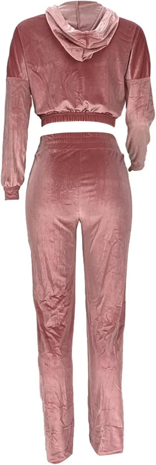 Lastesso Velour Jogging Suits for Women Soft Track Suits 2 Piece Set Cozy Loungewear Cropped Jackets Elastic Sweatpants