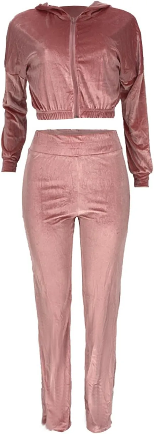 Lastesso Velour Jogging Suits for Women Soft Track Suits 2 Piece Set Cozy Loungewear Cropped Jackets Elastic Sweatpants