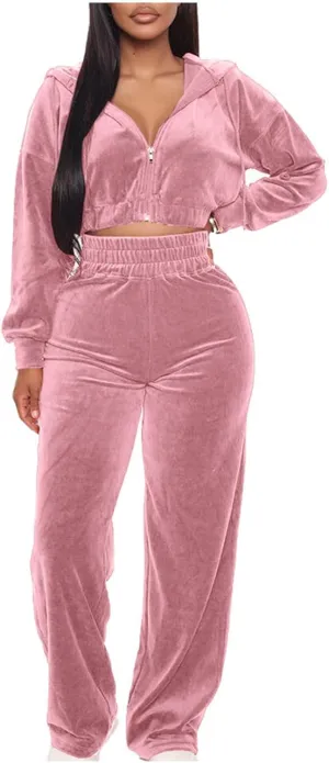 Lastesso Velour Jogging Suits for Women Soft Track Suits 2 Piece Set Cozy Loungewear Cropped Jackets Elastic Sweatpants