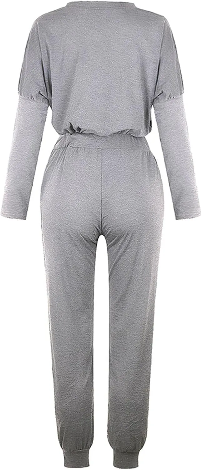 Lastesso Women Track Suits 2 Piece Set Crewneck Solid Tops and Baggy High Waist Sweatpants with Pockets Lightweight Sweatsuit