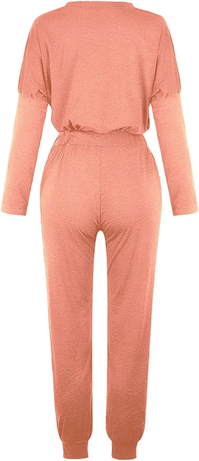 Lastesso Women Track Suits 2 Piece Set Crewneck Solid Tops and Baggy High Waist Sweatpants with Pockets Lightweight Sweatsuit