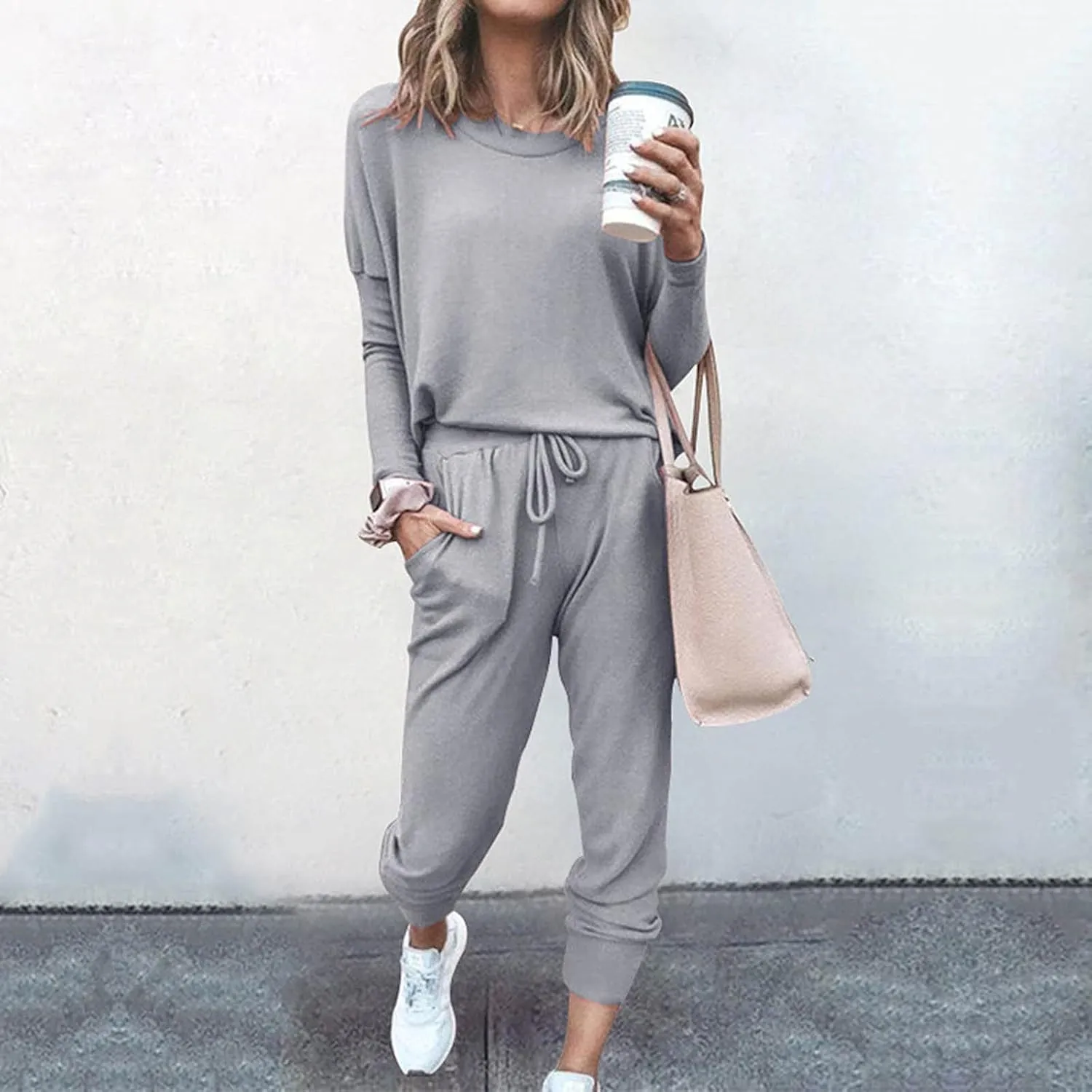 Lastesso Women Track Suits 2 Piece Set Crewneck Solid Tops and Baggy High Waist Sweatpants with Pockets Lightweight Sweatsuit