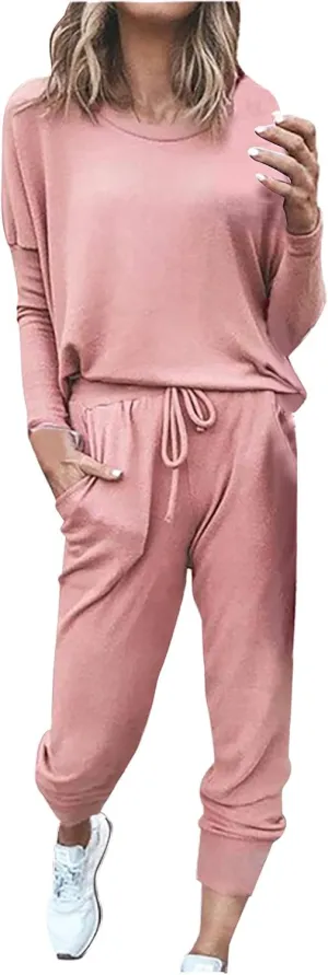 Lastesso Women Track Suits 2 Piece Set Crewneck Solid Tops and Baggy High Waist Sweatpants with Pockets Lightweight Sweatsuit