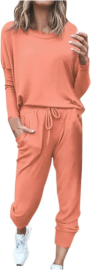 Lastesso Women Track Suits 2 Piece Set Crewneck Solid Tops and Baggy High Waist Sweatpants with Pockets Lightweight Sweatsuit