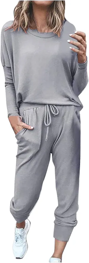 Lastesso Women Track Suits 2 Piece Set Crewneck Solid Tops and Baggy High Waist Sweatpants with Pockets Lightweight Sweatsuit