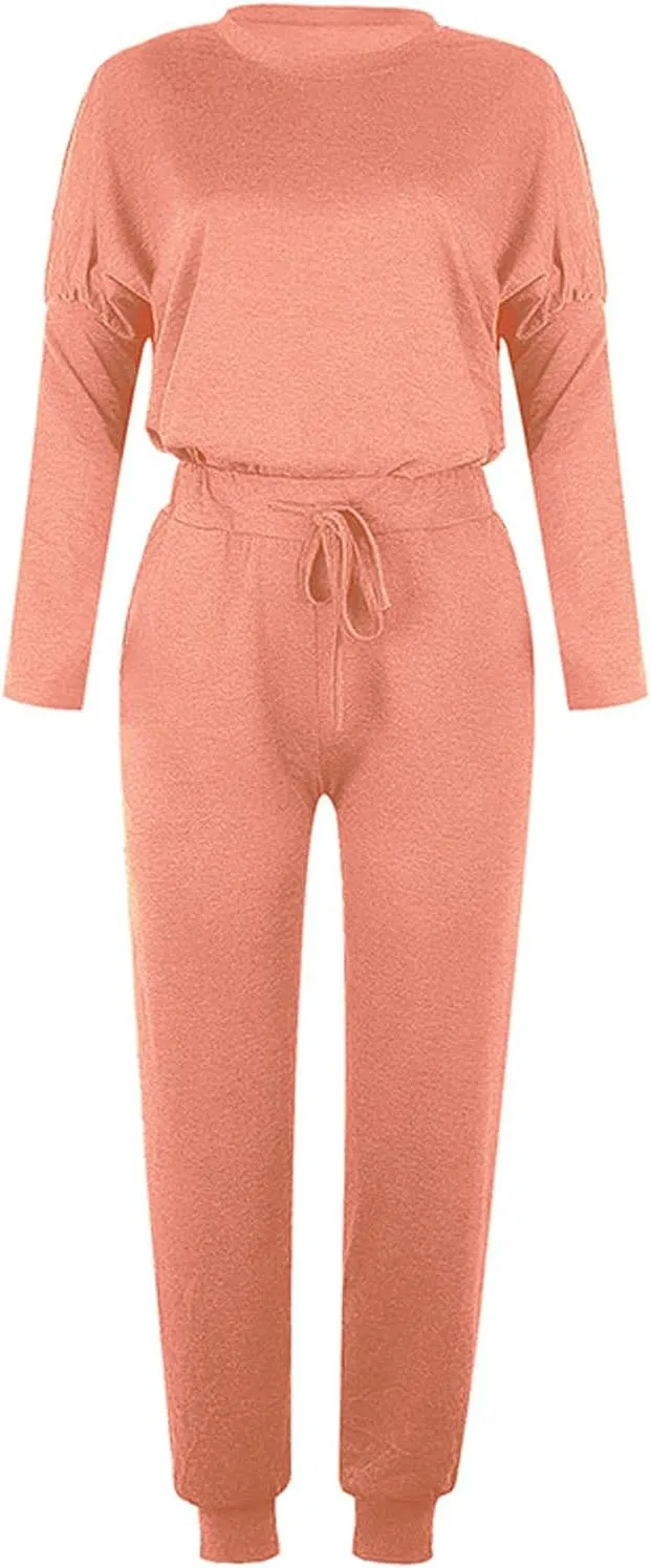 Lastesso Women Track Suits 2 Piece Set Crewneck Solid Tops and Baggy High Waist Sweatpants with Pockets Lightweight Sweatsuit