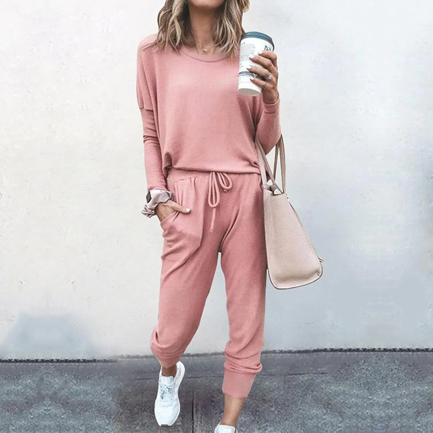 Lastesso Women Track Suits 2 Piece Set Crewneck Solid Tops and Baggy High Waist Sweatpants with Pockets Lightweight Sweatsuit