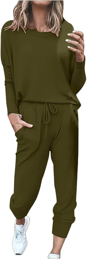 Lastesso Women Track Suits 2 Piece Set Crewneck Solid Tops and Baggy High Waist Sweatpants with Pockets Lightweight Sweatsuit
