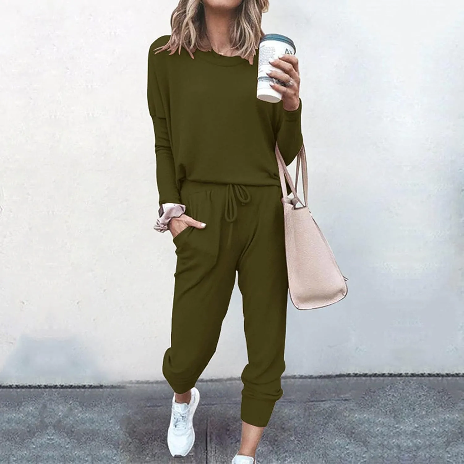 Lastesso Women Track Suits 2 Piece Set Crewneck Solid Tops and Baggy High Waist Sweatpants with Pockets Lightweight Sweatsuit