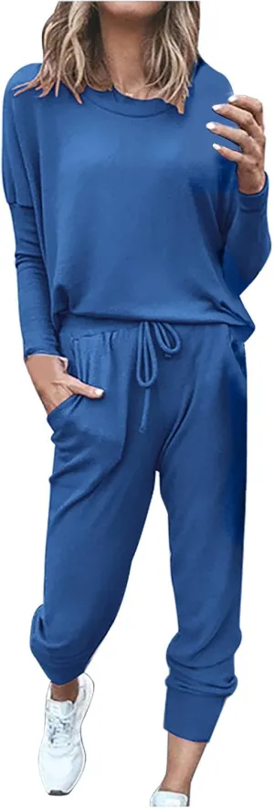 Lastesso Women Track Suits 2 Piece Set Crewneck Solid Tops and Baggy High Waist Sweatpants with Pockets Lightweight Sweatsuit