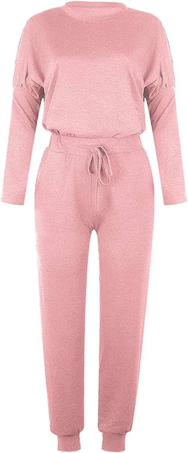 Lastesso Women Track Suits 2 Piece Set Crewneck Solid Tops and Baggy High Waist Sweatpants with Pockets Lightweight Sweatsuit