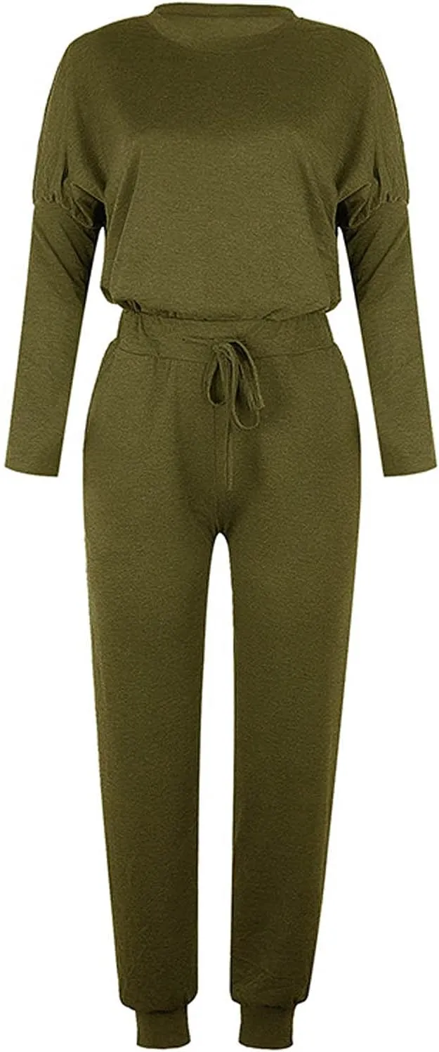Lastesso Women Track Suits 2 Piece Set Crewneck Solid Tops and Baggy High Waist Sweatpants with Pockets Lightweight Sweatsuit