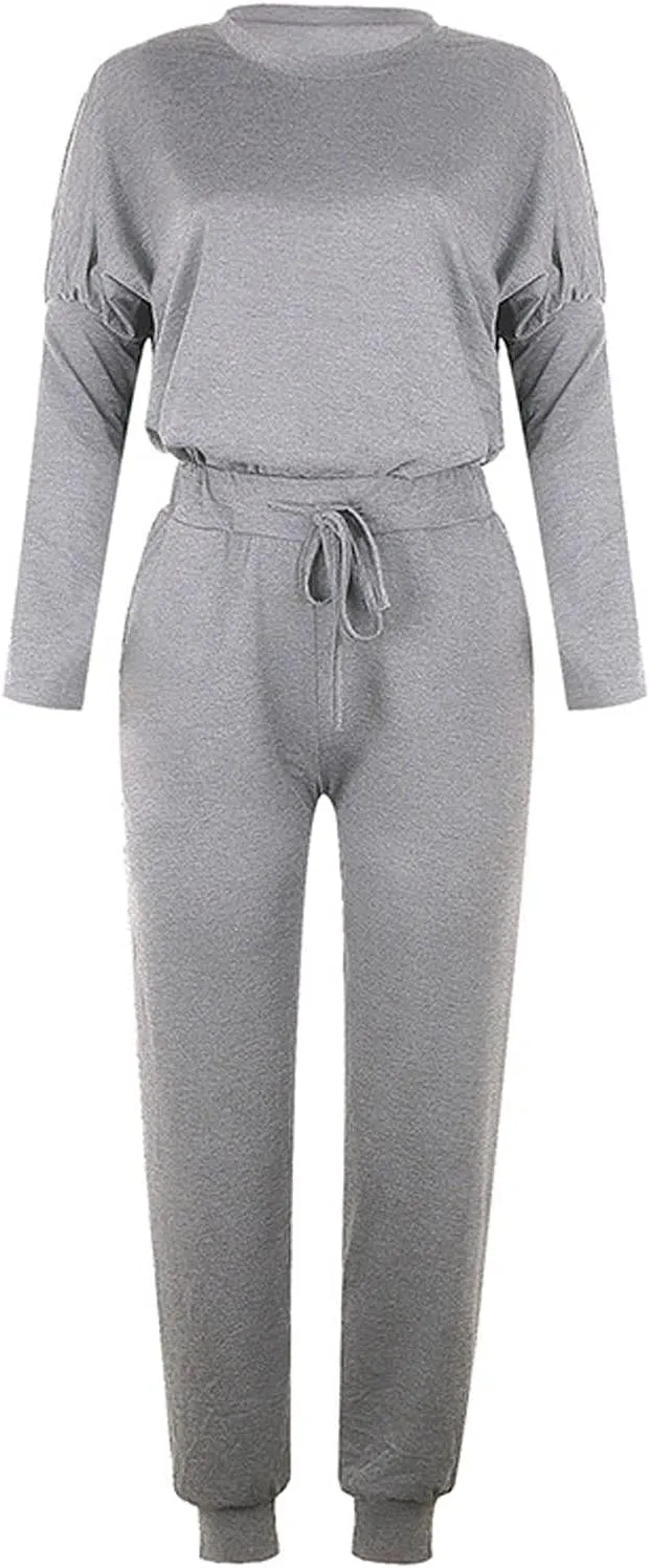 Lastesso Women Track Suits 2 Piece Set Crewneck Solid Tops and Baggy High Waist Sweatpants with Pockets Lightweight Sweatsuit