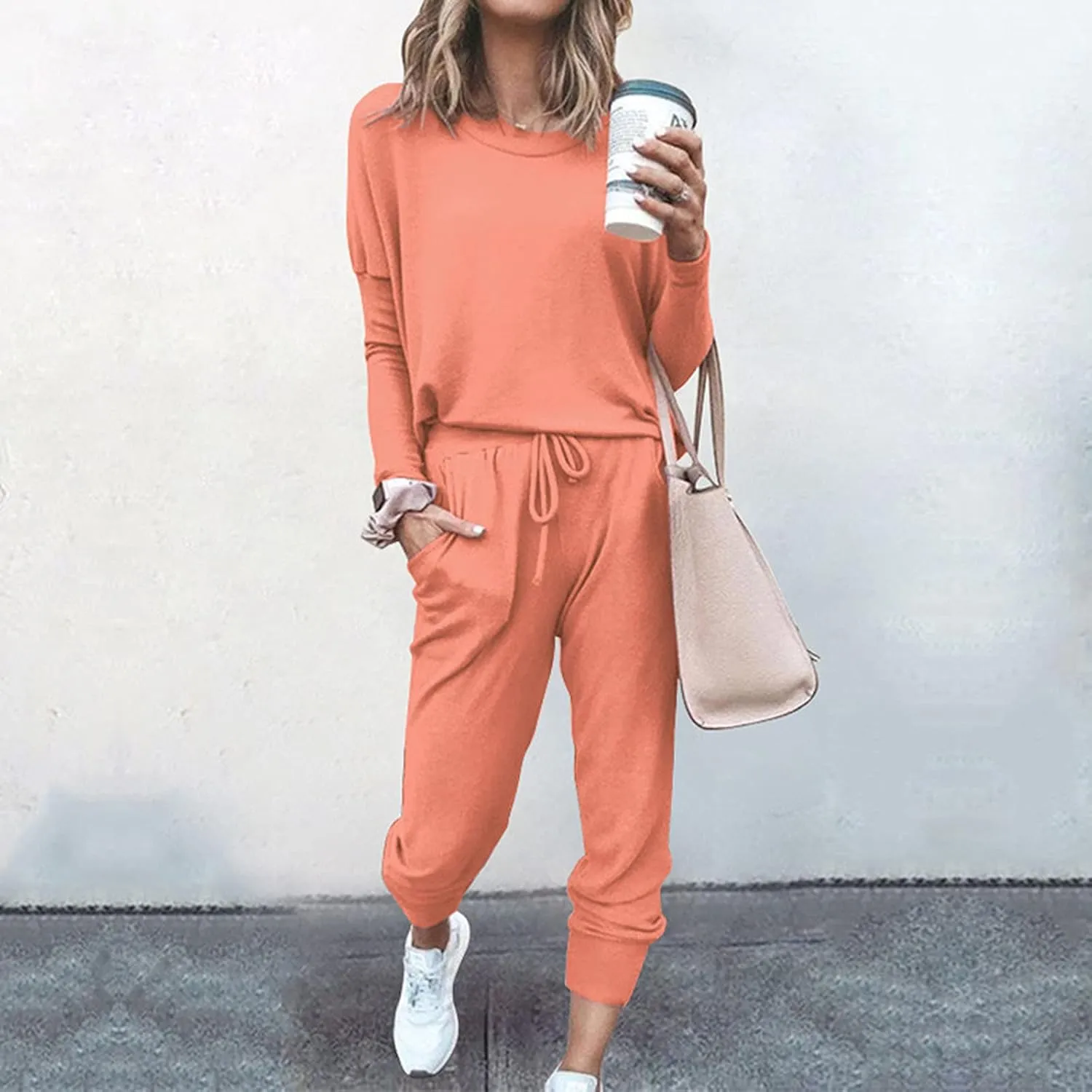 Lastesso Women Track Suits 2 Piece Set Crewneck Solid Tops and Baggy High Waist Sweatpants with Pockets Lightweight Sweatsuit
