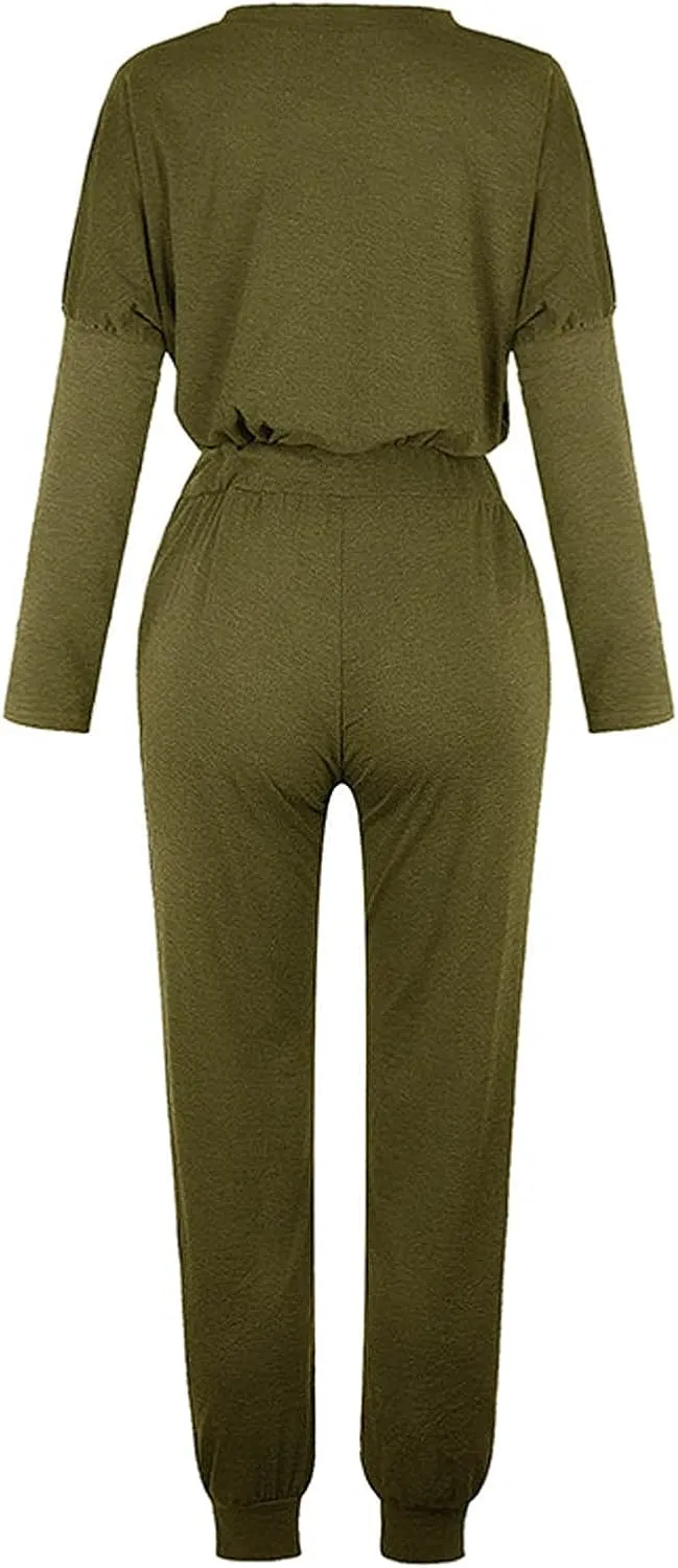 Lastesso Women Track Suits 2 Piece Set Crewneck Solid Tops and Baggy High Waist Sweatpants with Pockets Lightweight Sweatsuit