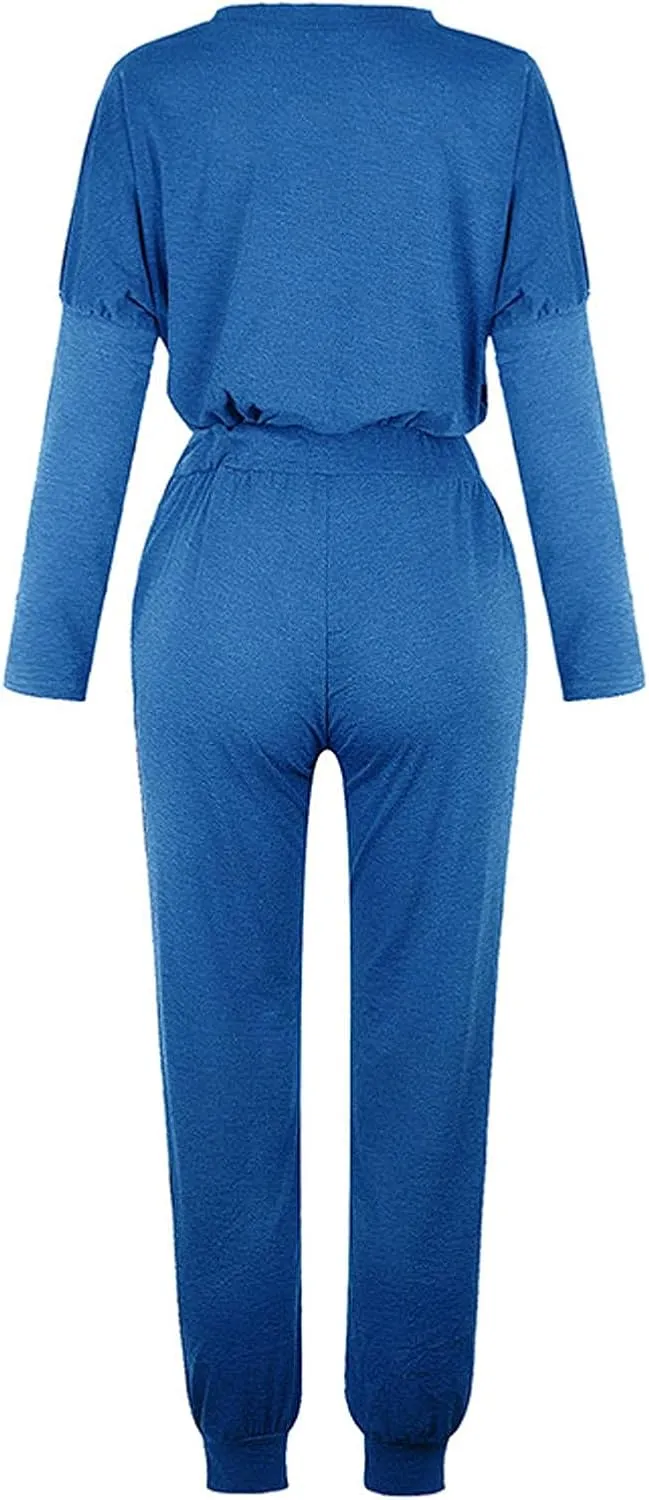 Lastesso Women Track Suits 2 Piece Set Crewneck Solid Tops and Baggy High Waist Sweatpants with Pockets Lightweight Sweatsuit