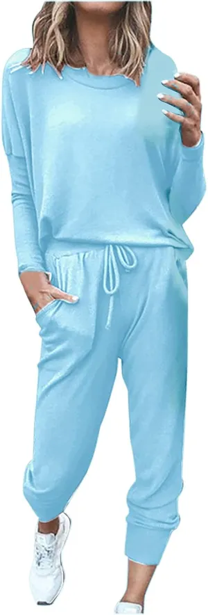 Lastesso Womens 2 Piece Sweatsuits Set Lightweight Loungewear Crewneck Loose Pullover Cozy Active Jogger Pants Soft Tracksuit