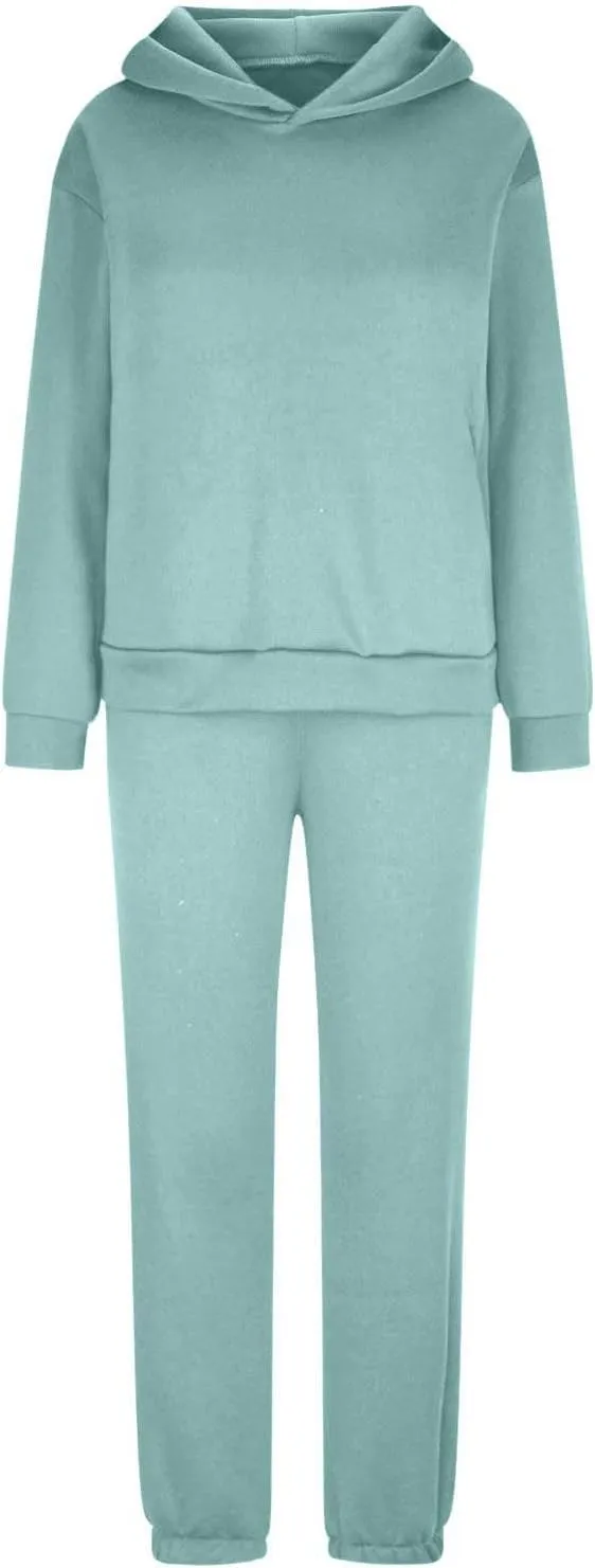 Lastesso Womens 2 Piece Sweatsuits Sets Oversized Long Sleeve Solid Hoodies Casual Belted Elastic Sweatpants Tracksuit Sets