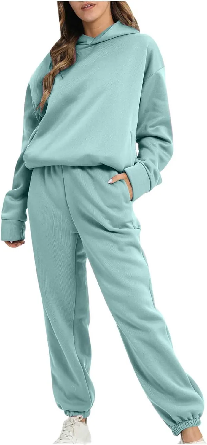 Lastesso Womens 2 Piece Sweatsuits Sets Oversized Long Sleeve Solid Hoodies Casual Belted Elastic Sweatpants Tracksuit Sets