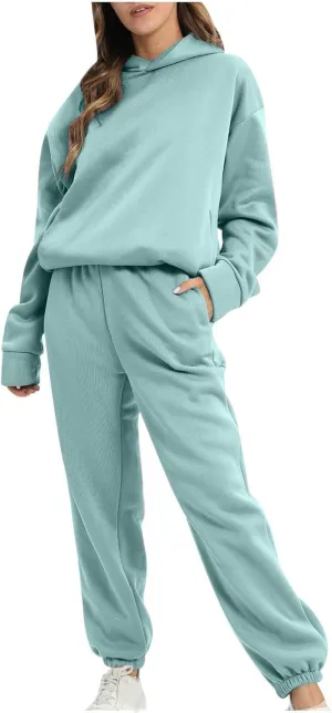 Lastesso Womens 2 Piece Sweatsuits Sets Oversized Long Sleeve Solid Hoodies Casual Belted Elastic Sweatpants Tracksuit Sets