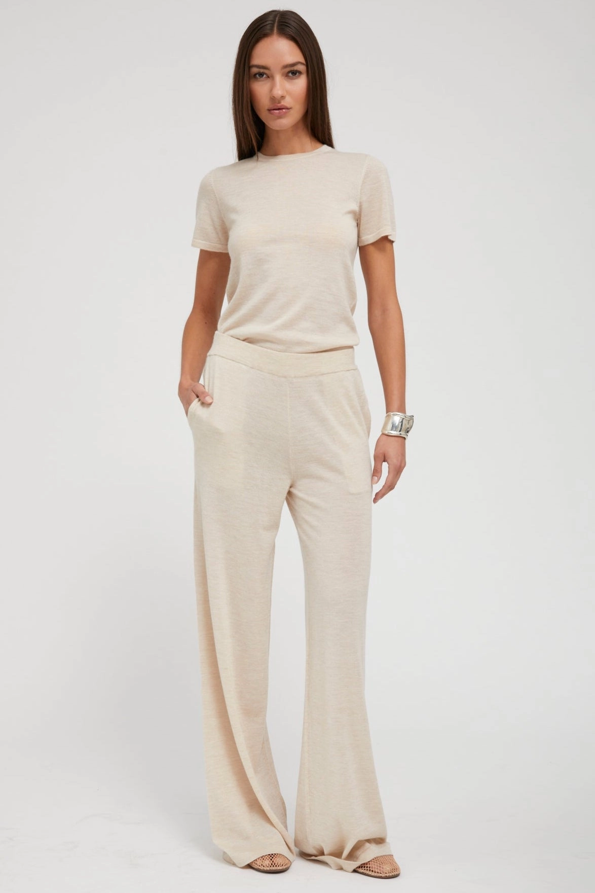 Latte Ultra Fine Cashmere Wide Leg Pants All Purpose Fit Non Irritating Seams