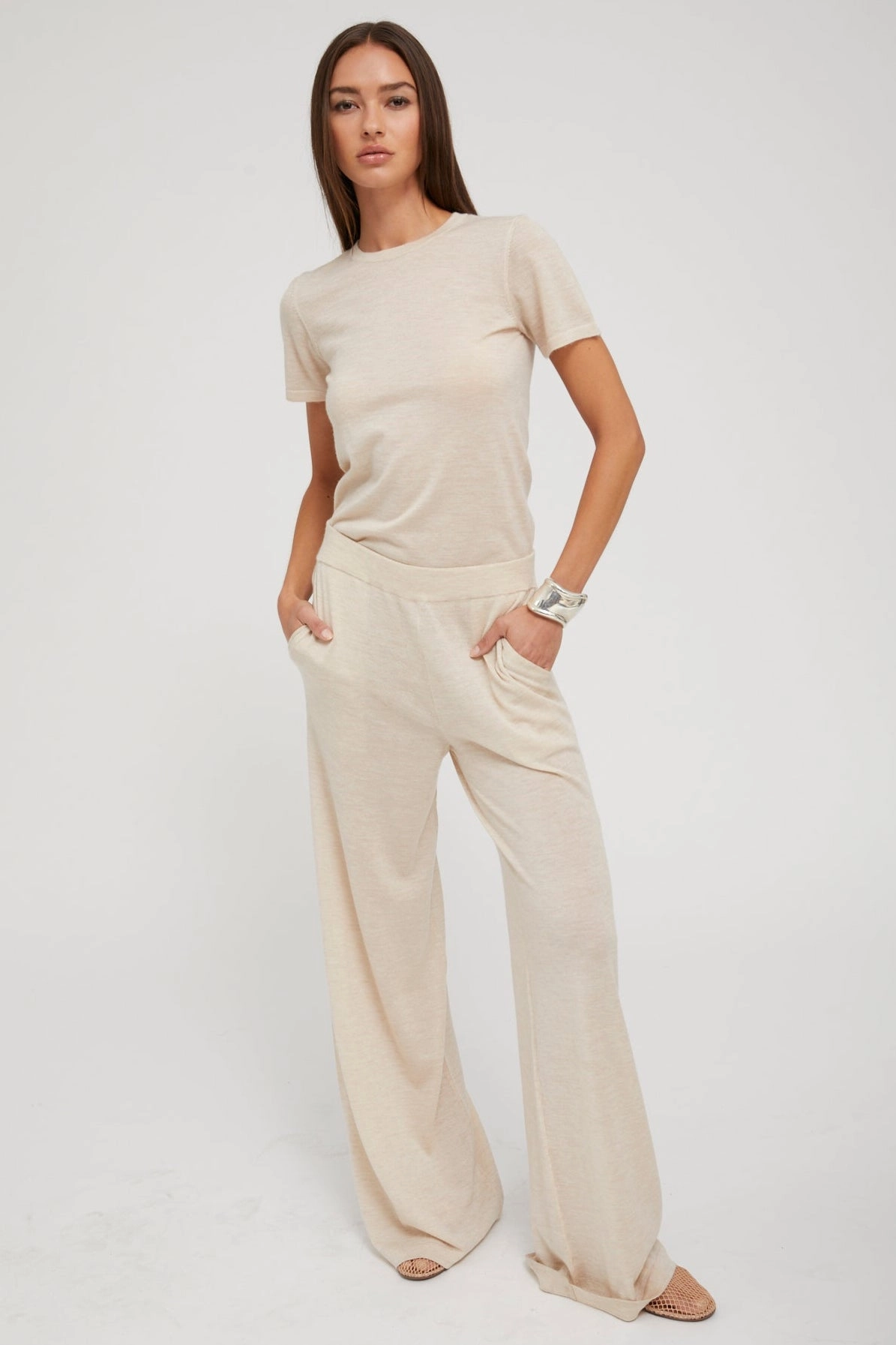 Latte Ultra Fine Cashmere Wide Leg Pants Classic Fit