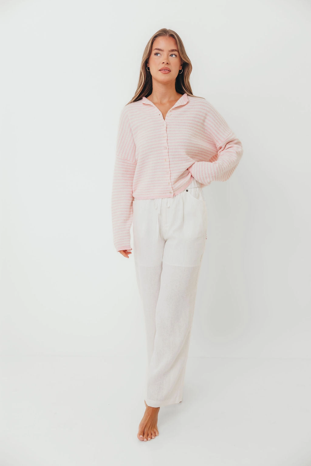 Piper Mini Stripes Cardigan in Pink Airflow Vents Cozy Knit