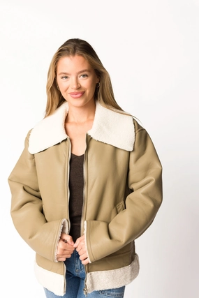 EcoFriendly Manufacturing Sammy Vegan Leather and Shearling Jacket in Sandstone *Final-Sale*