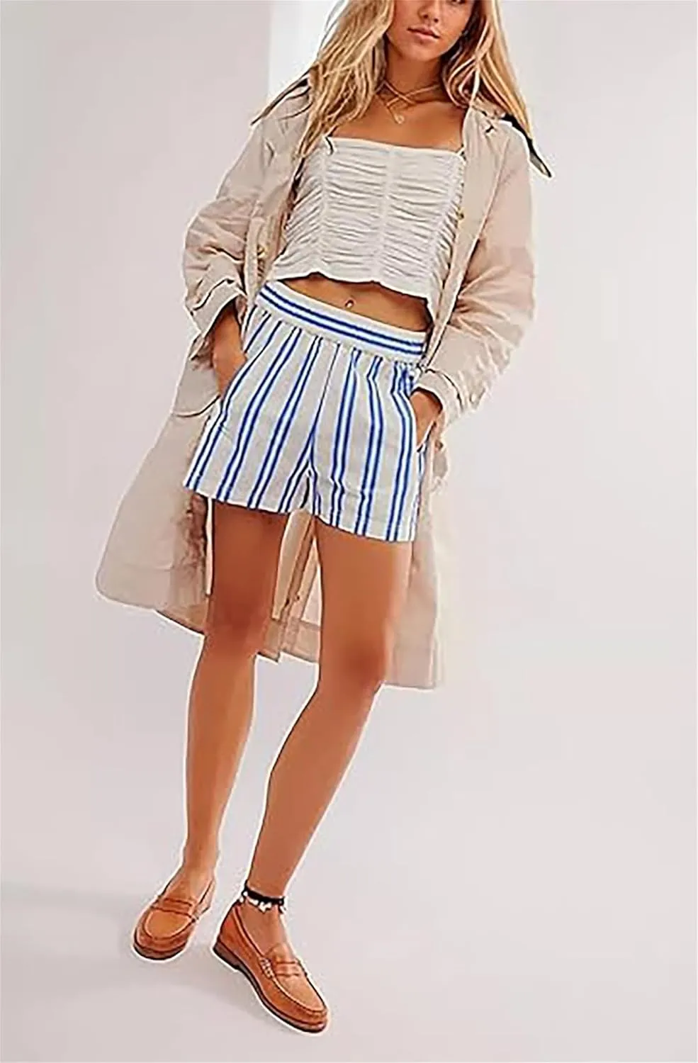 LAVASEON Women Striped Boxer Shorts Y2K Casual Lounge Shorts Elastic High Waist Pajama Bottoms Sleepwear Beach Pants