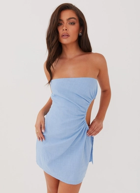 Rosella Linen Mini Dress - Blue Stud-Detail