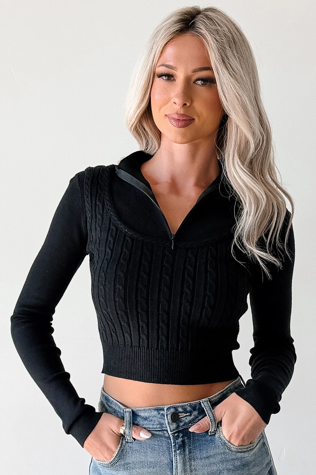Layered Look Deedra Ribbed Zip-Up Top (Black)