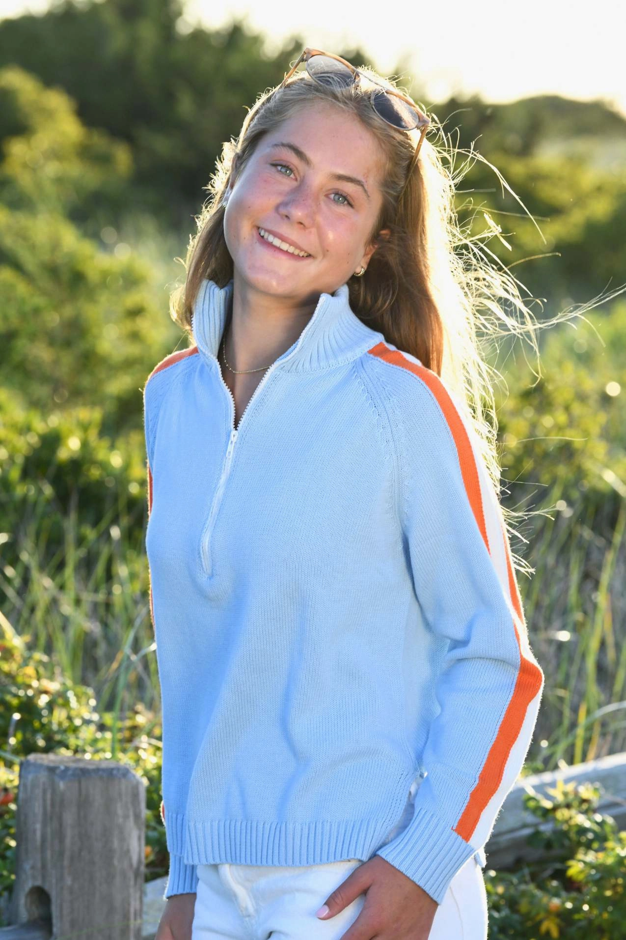 SubtleTexture DoubleStitched Striped Half Zip Sweater / Sky Blue Orange